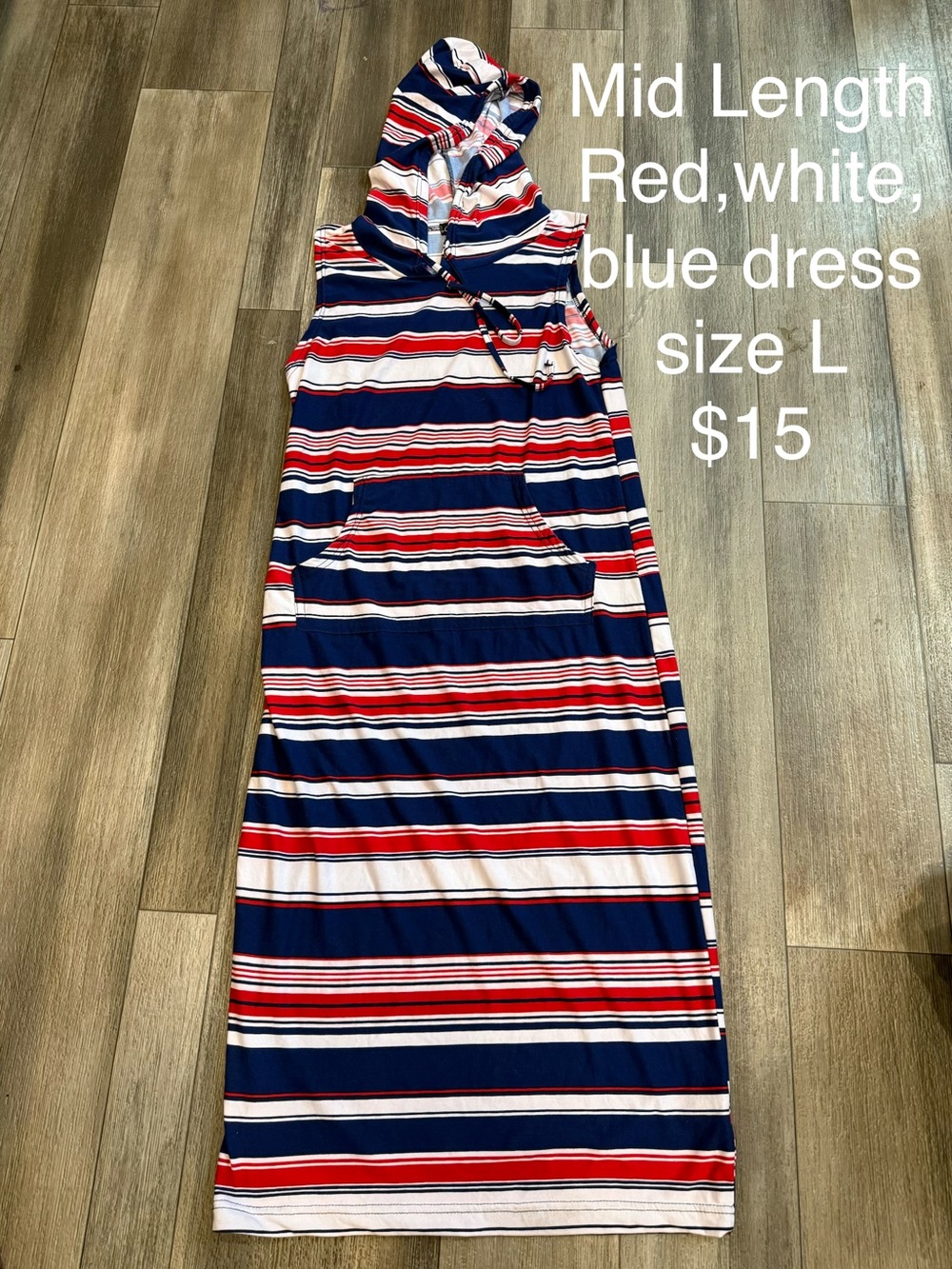 Sleeveless Hooded Stripe Midi Dress - Red White Blue